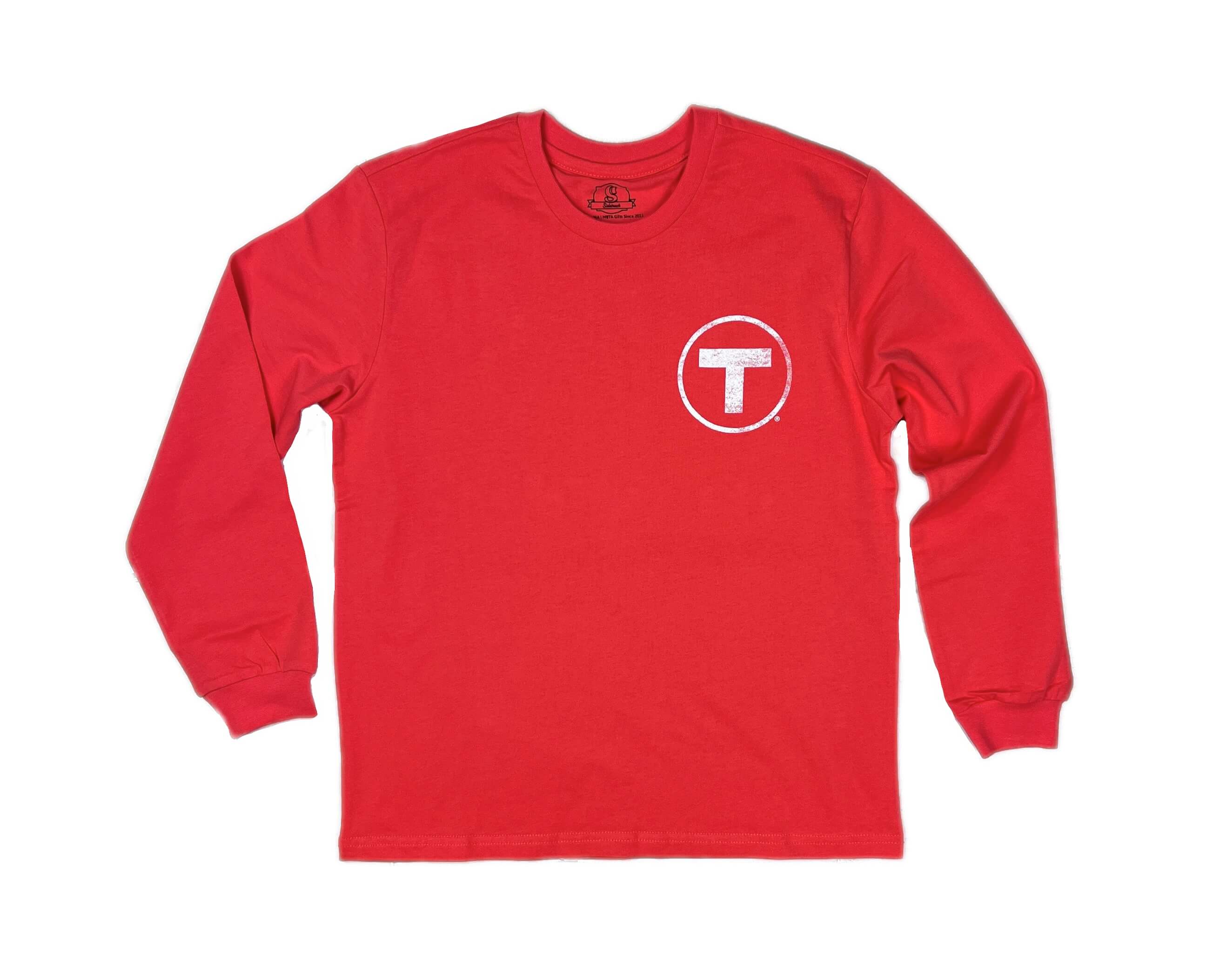 Youth size washed green long sleeve cotton t-shirt with Boston MBTA T Logo on left chest
